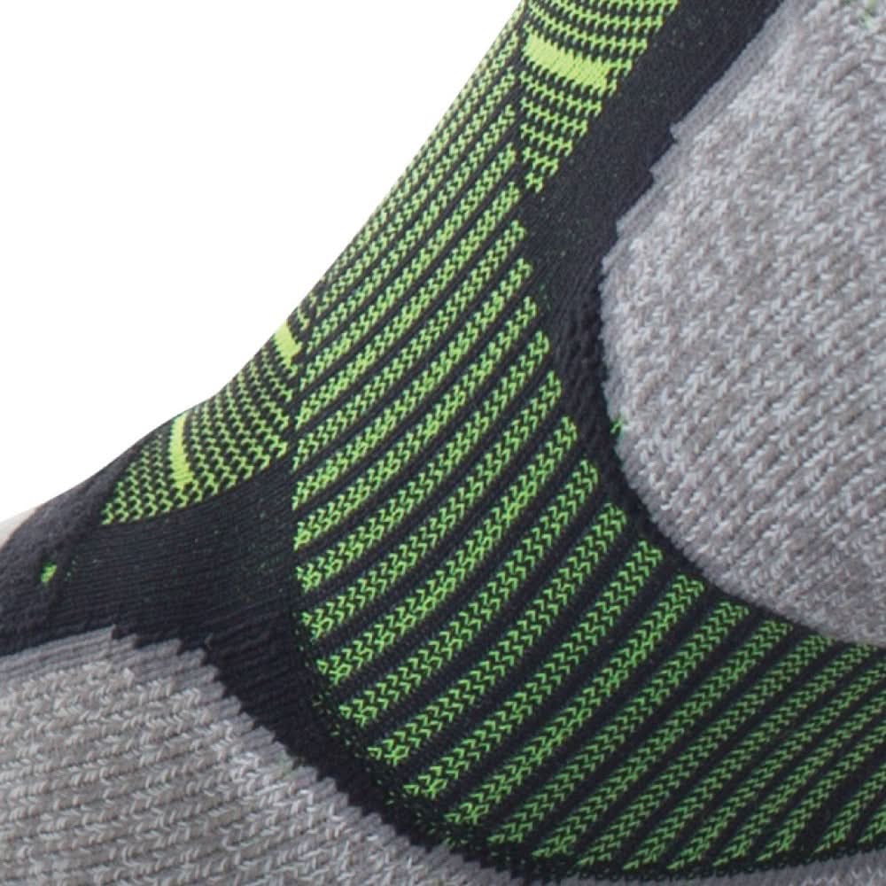 Close up view of elastic arch of Lightfeet Evolution Black Fluro Green Mini Crew Performance Running Sock 