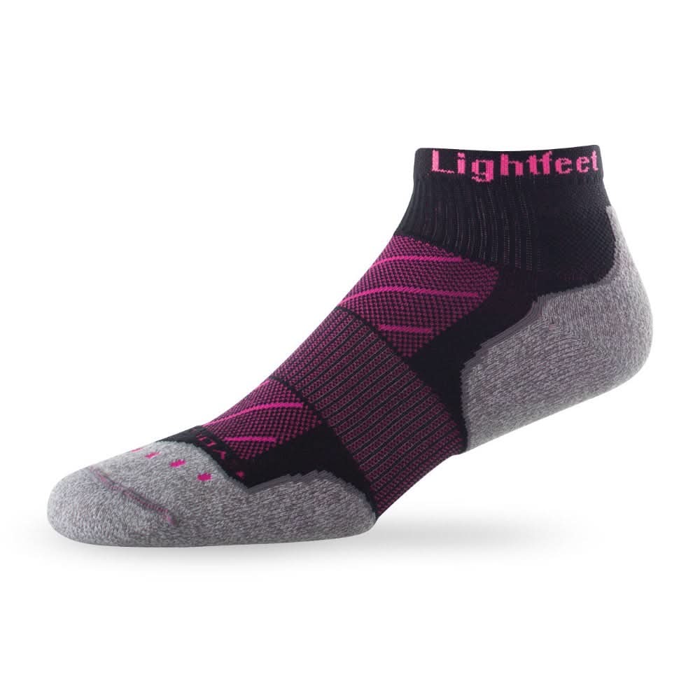 Side view of Lightfeet Evolution Black Fluro Pink Mini Crew Performance Running Sock 