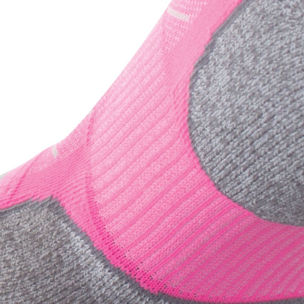 Close up view of elastic arch of Lightfeet Evolution Fluro Pink Mini Crew Performance Running Sock 