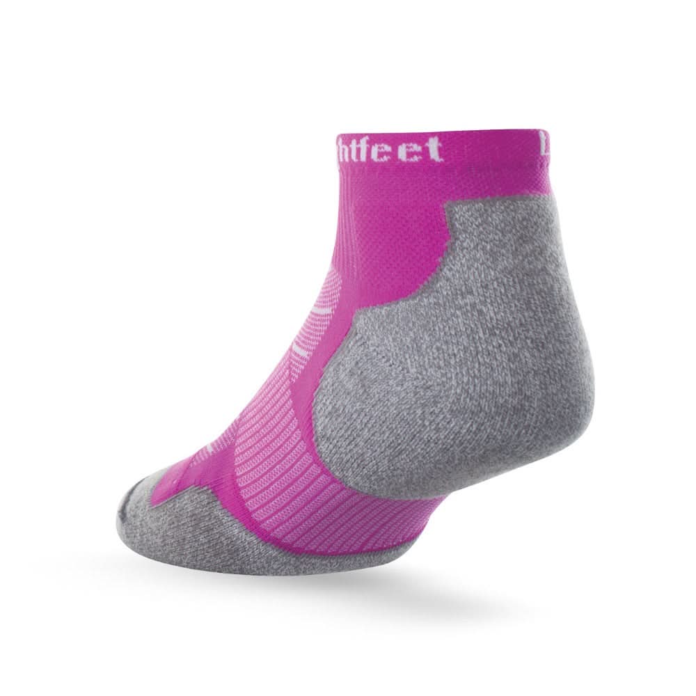 Heel view of Lightfeet Evolution Fluro Purple Mini Crew Performance Running Sock 