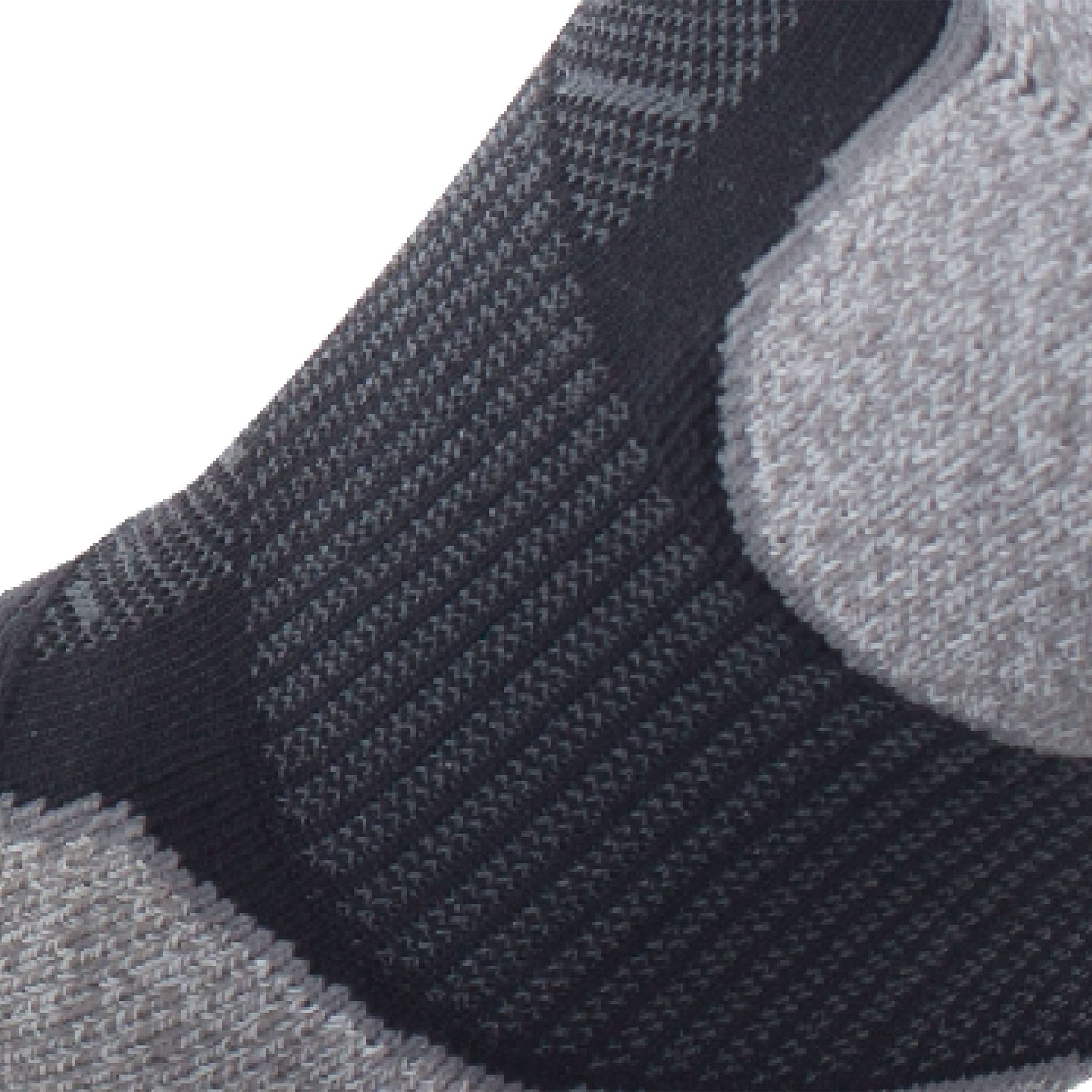 Close up view of elastic arch of Lightfeet Evolution Black Half Crew Performance Running Sock 