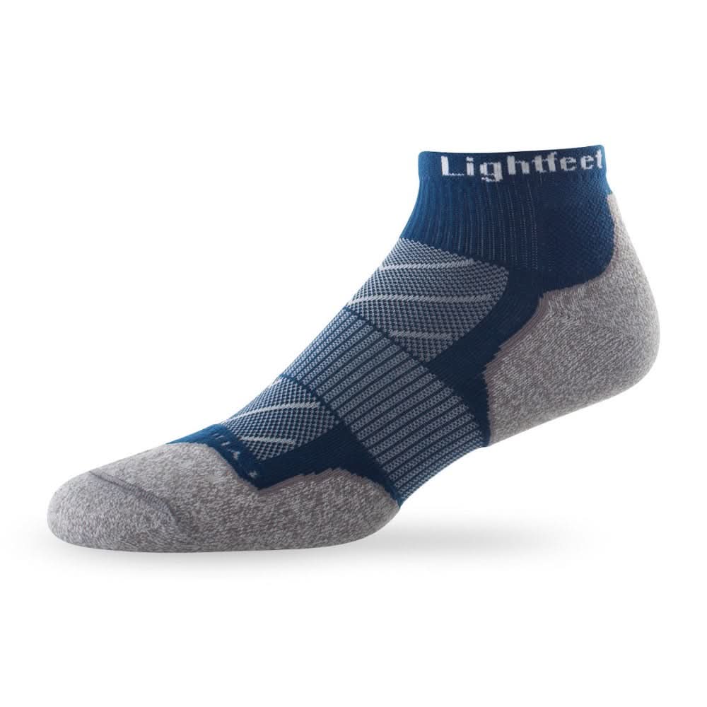 Side view of Lightfeet Evolution Navy Mini Crew Performance Running Sock 
