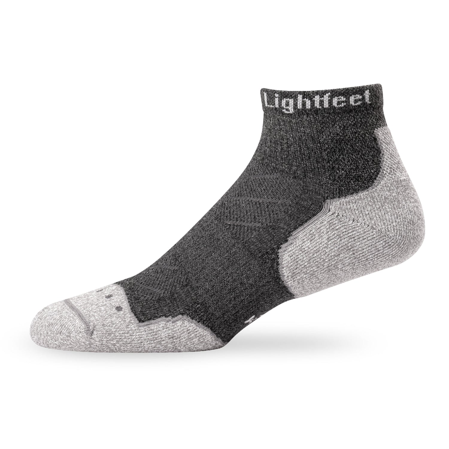 Side view of Lightfeet Evolution Trail Dark Grey Mini Crew Performance Running Sock 