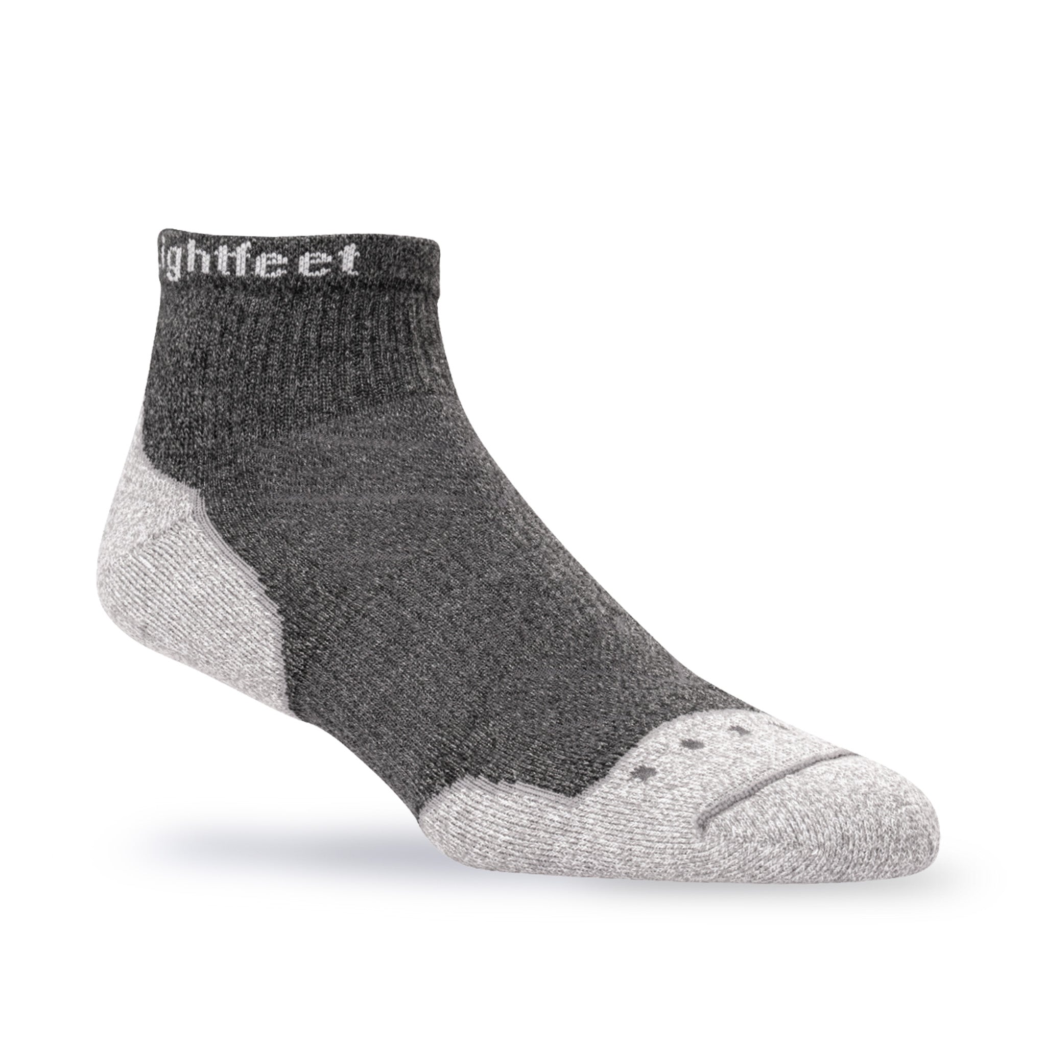 Front angle view of Lightfeet Evolution Trail Dark Grey Mini Crew Performance Running Sock 