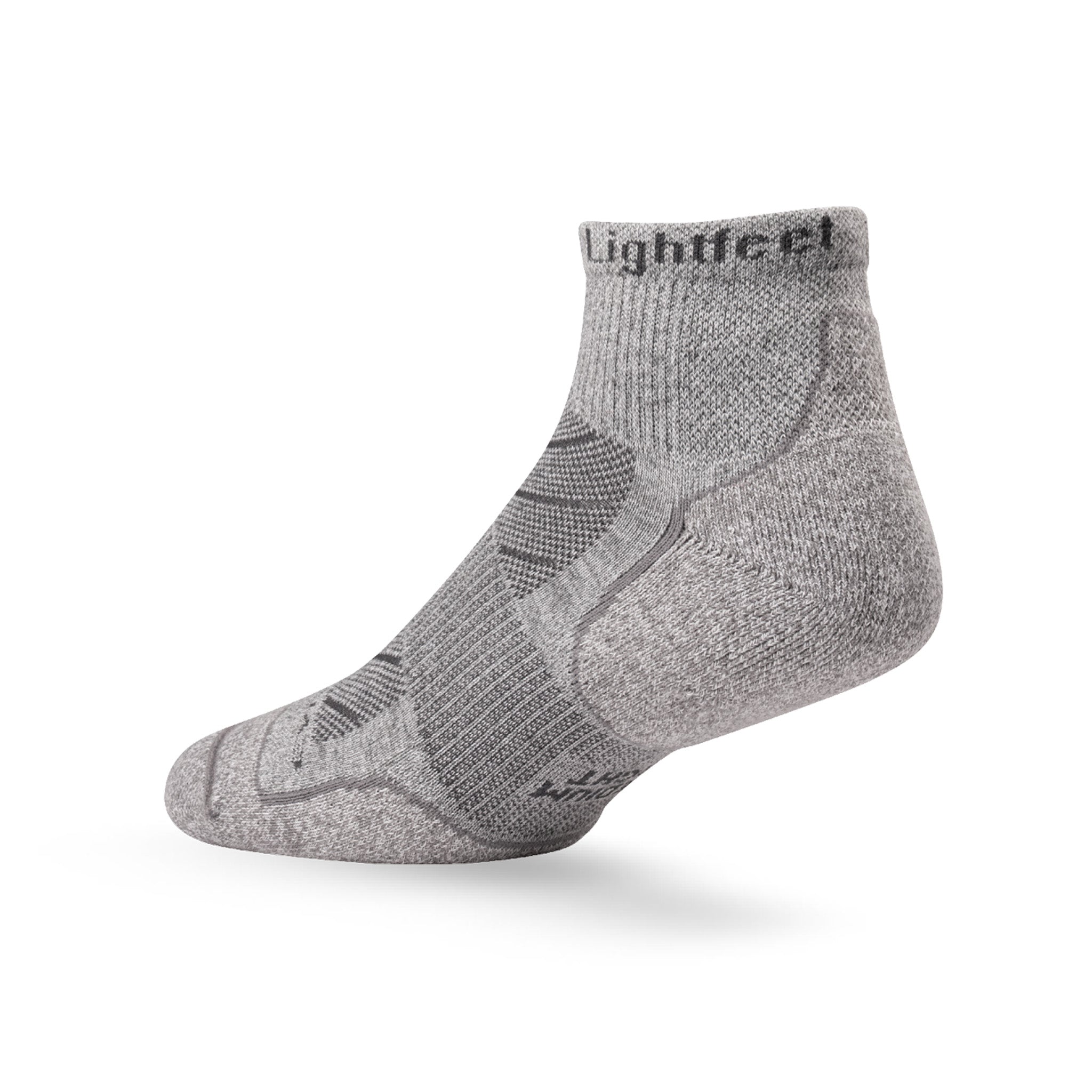 Heel view of Lightfeet Evolution Trail Light Grey Mini Crew Performance Running Sock 