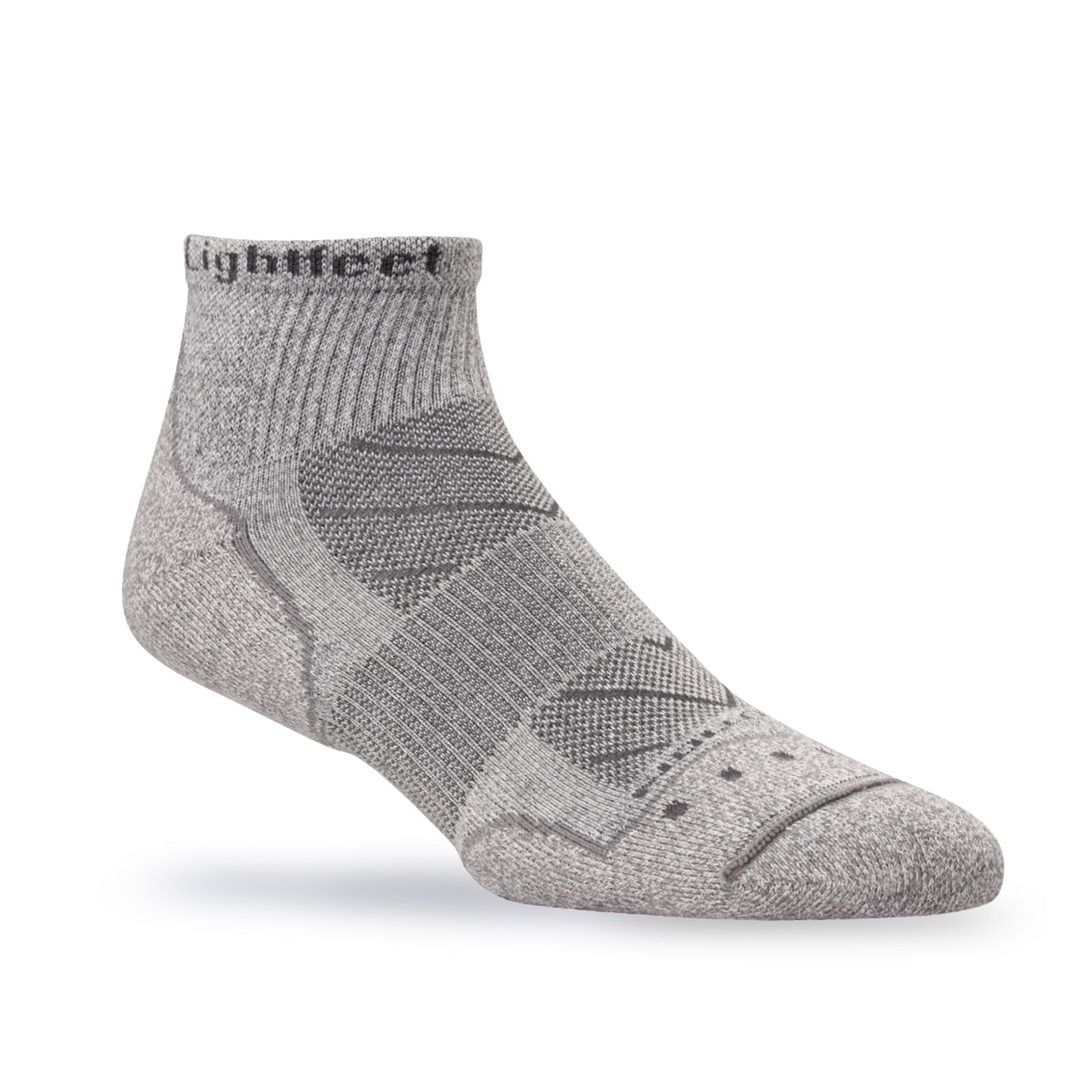 Front angle view of Lightfeet Evolution Trail Light Grey Mini Crew Performance Running Sock 