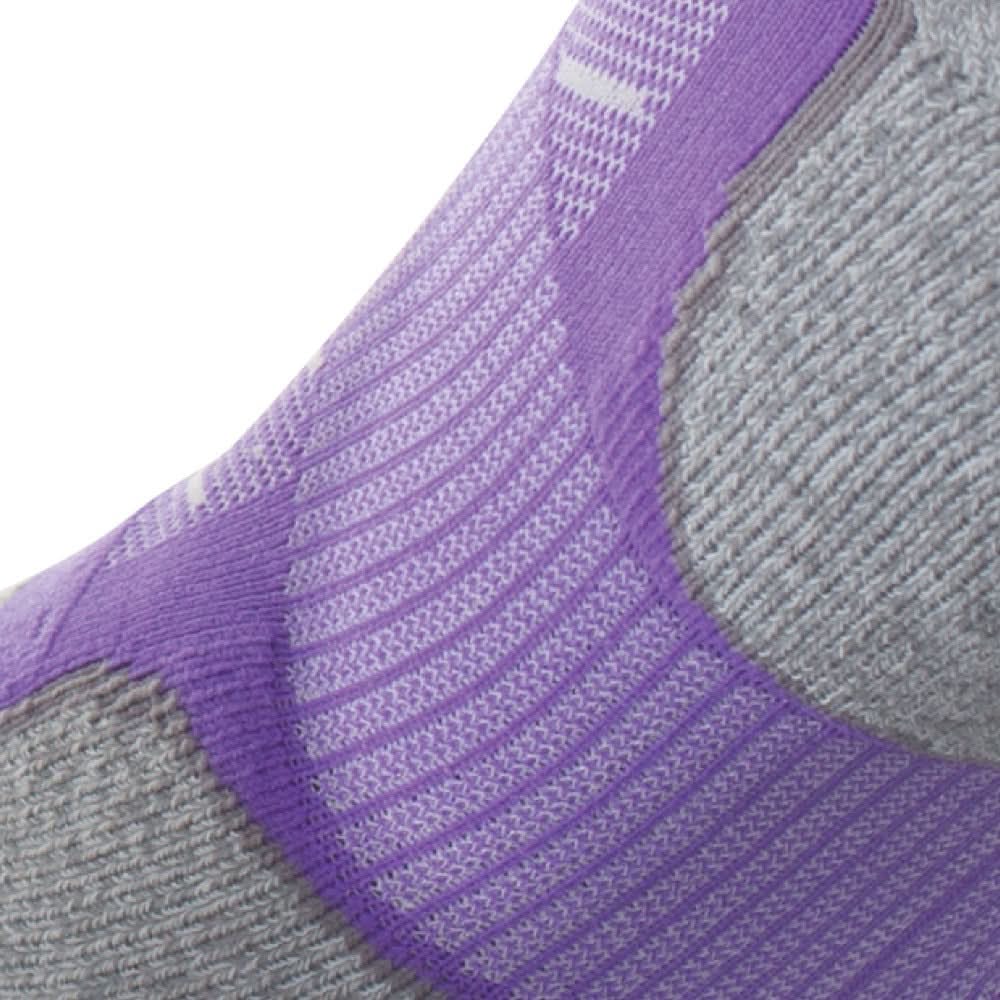 Close up view of elastic arch of Lightfeet Evolution Violet Mini Performance Running Sock 