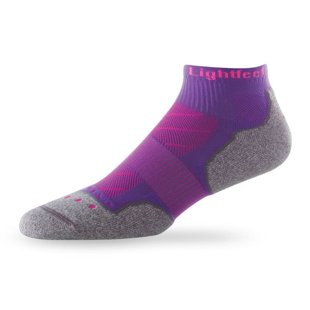 Side view of Lightfeet Evolution Violet Fluro Pink Mini Crew Performance Running Sock 