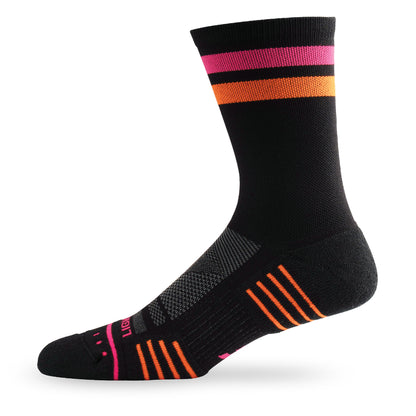 Side view of Lightfeet Performance 2 Stripes Black Pink Orange Crew Socks 