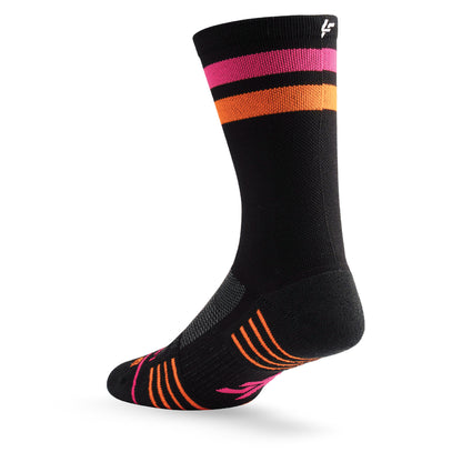 Heel view of Lightfeet Performance 2 Stripes Black Pink Orange Crew Socks 