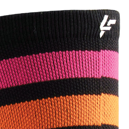 Close up view of reflective print symbol on Lightfeet Performance 2 Stripes Black Pink Orange Crew Socks 