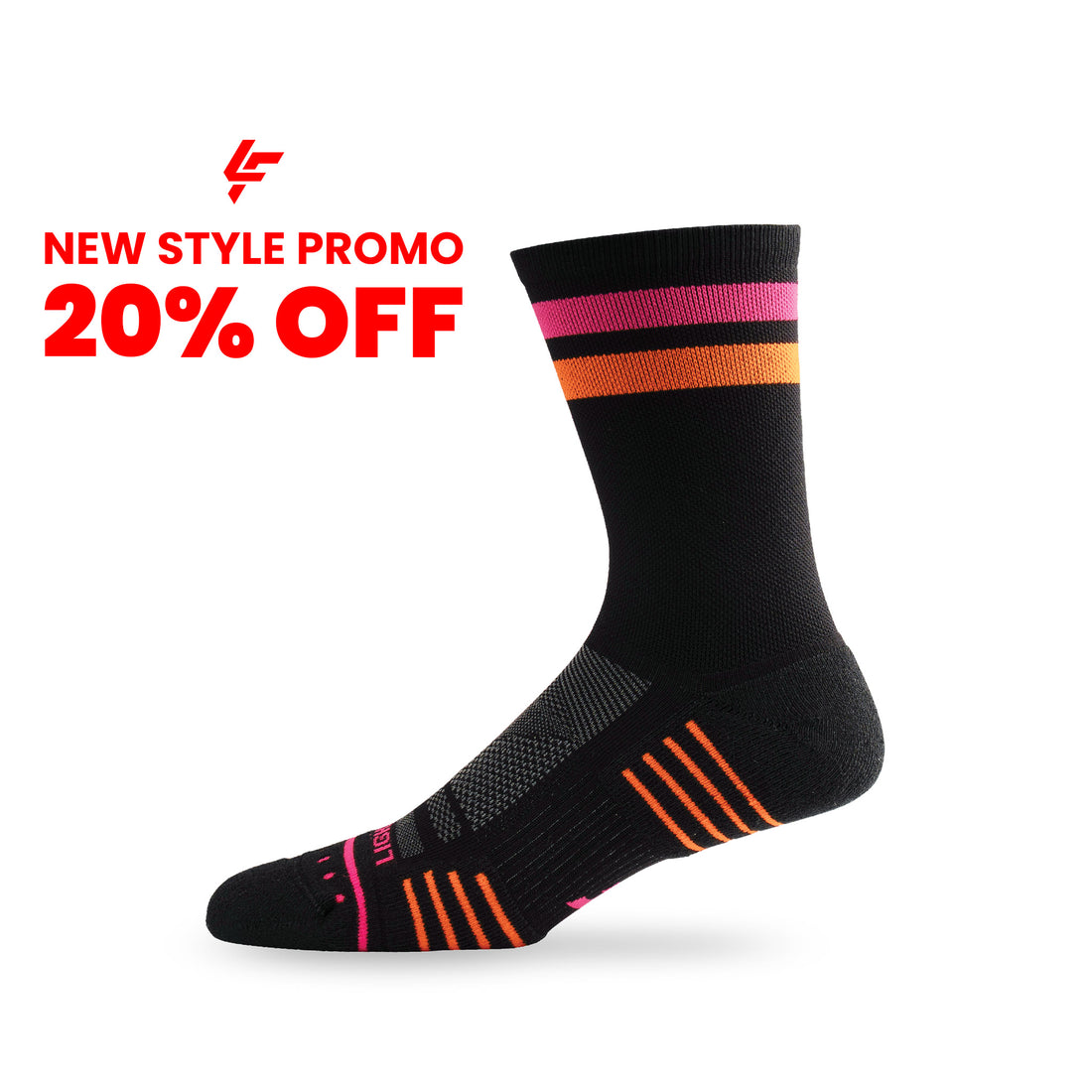 Side view of Lightfeet Performance 2 Stripes Black Pink Orange Crew Socks 