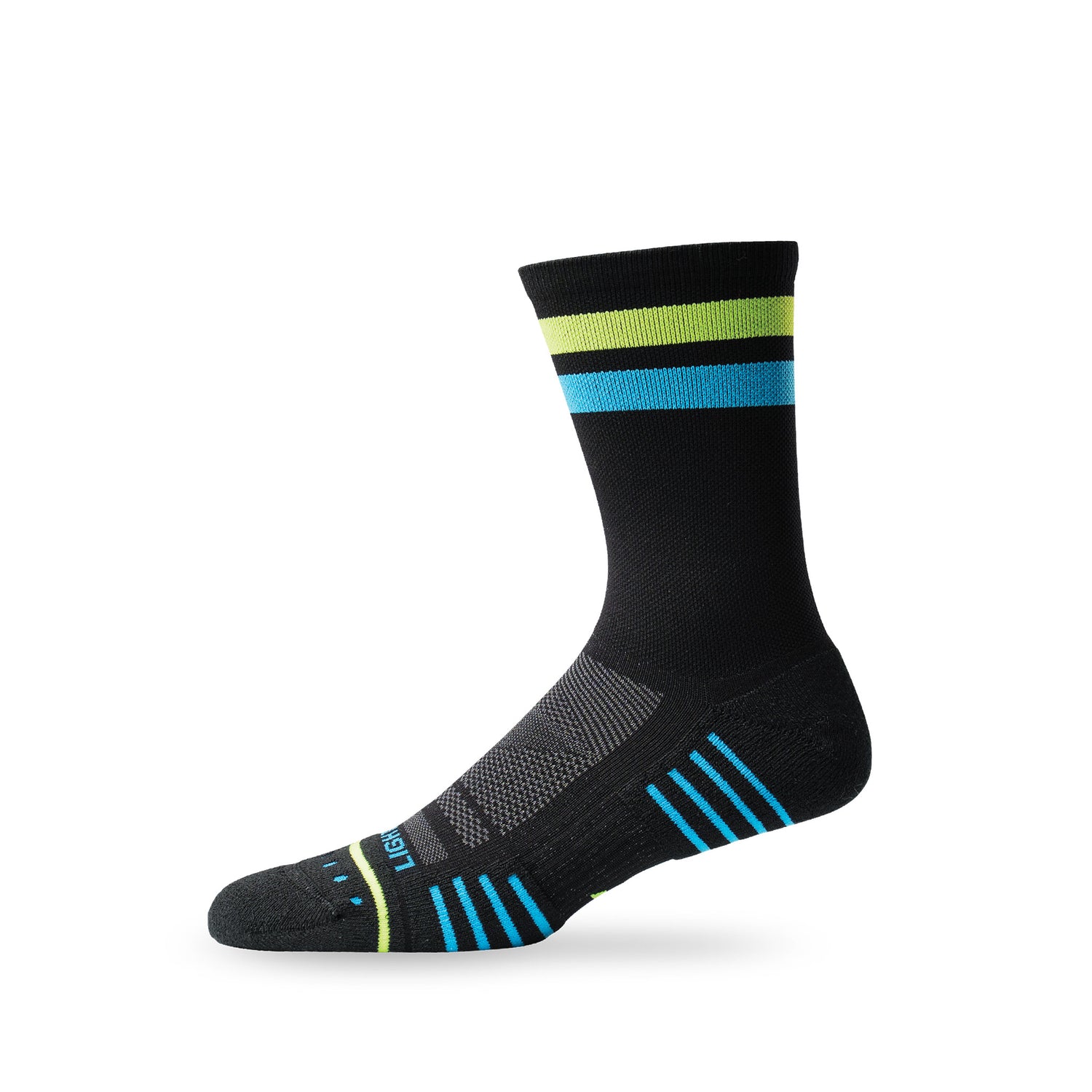 Side view of Lightfeet Performance 2 Stripes Black Yellow Aqua Crew Socks 