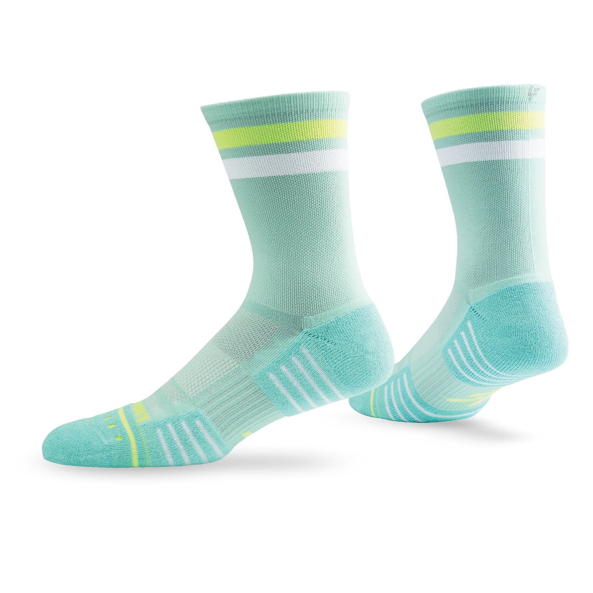 Pair of Lightfeet Performance 2 Stripes Glacier Yellow White Crew Socks 