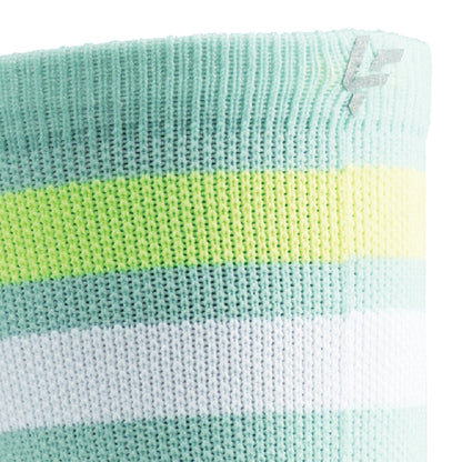 Close up view of reflective print symbol on Lightfeet Performance 2 Stripes Glacier Yellow White Crew Socks 