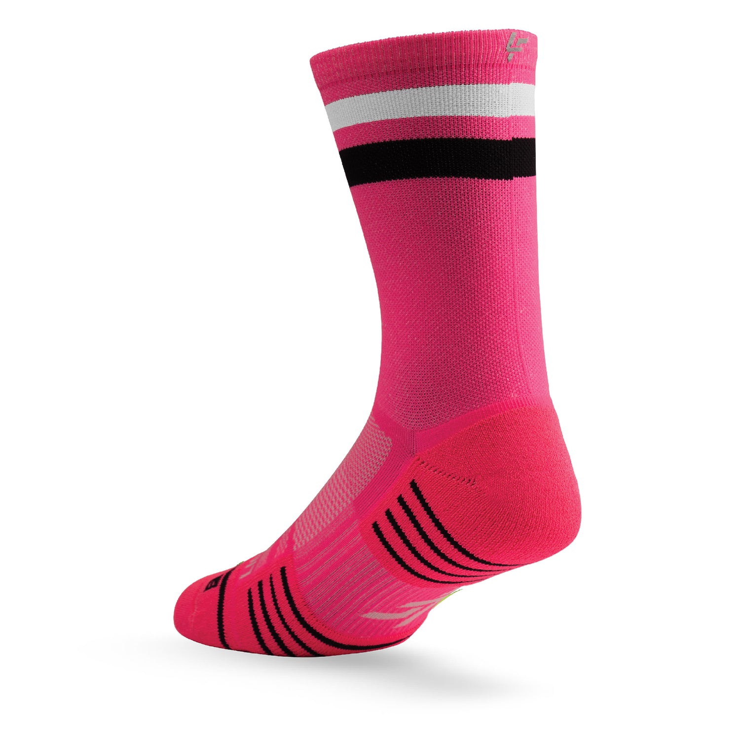 Heel view of Lightfeet Performance 2 Stripes Pink White Black Crew Socks 