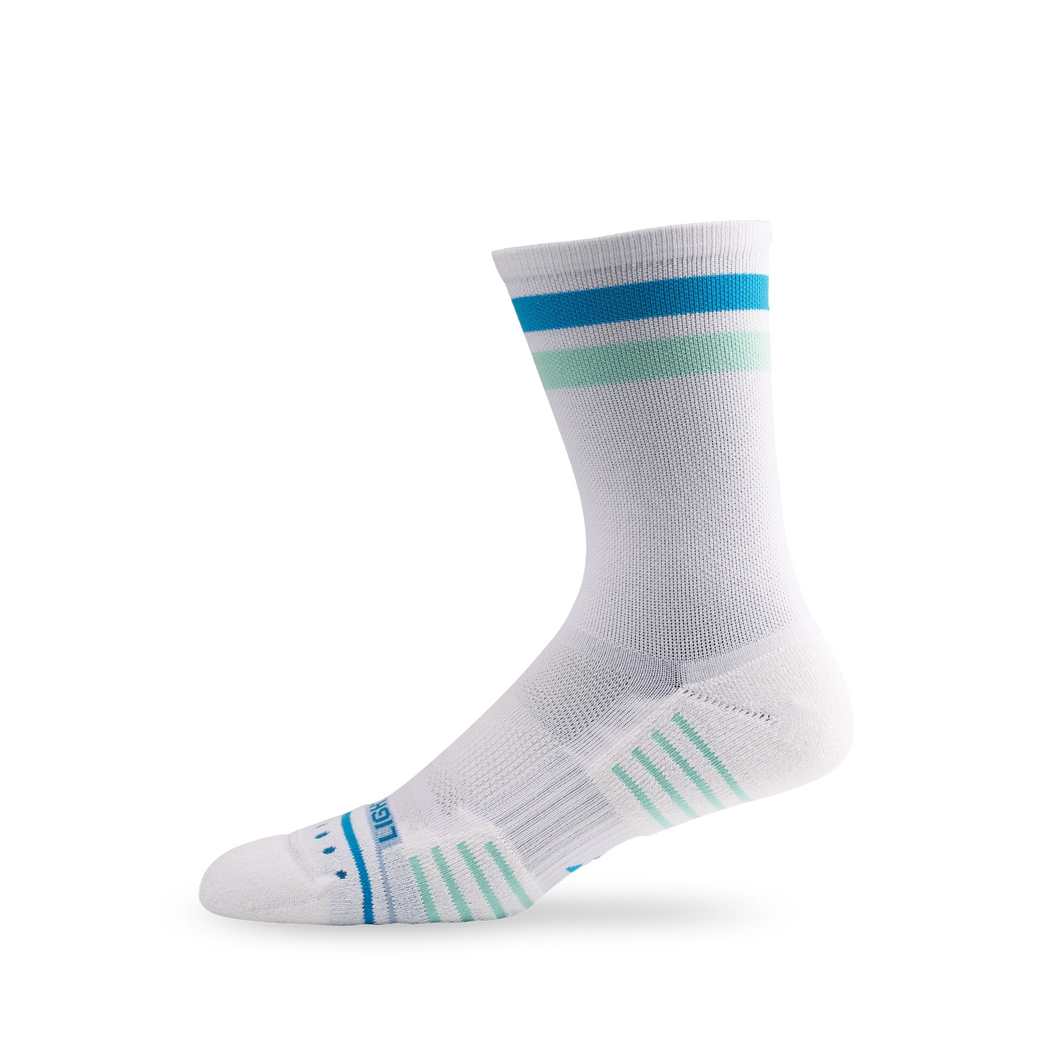 Side view of Lightfeet Performance 2 Stripes White Blue Glacier Crew Socks 