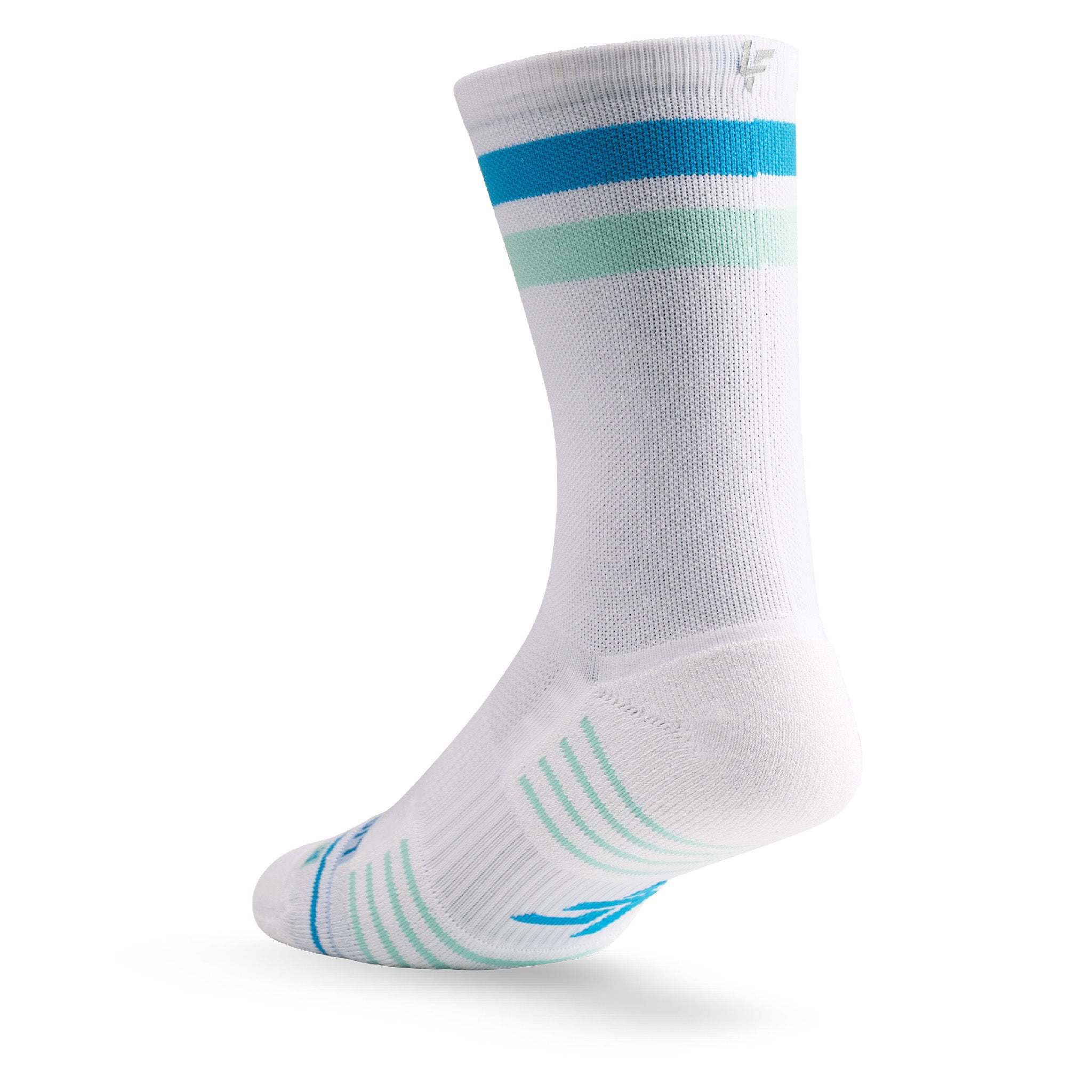 Heel view of Lightfeet Performance 2 Stripes White Blue Glacier Crew Socks 
