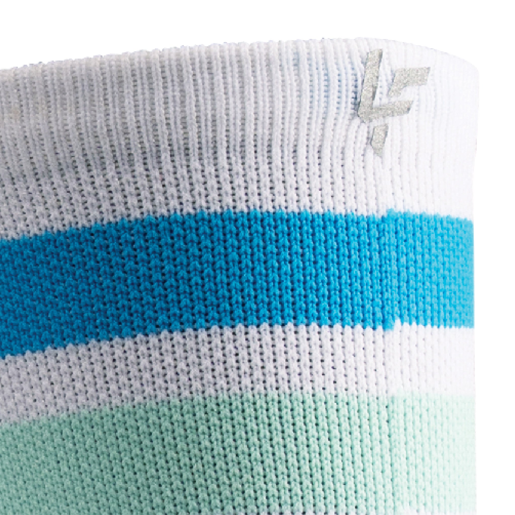 Close up view of reflective print symbol on Lightfeet Performance 2 Stripes White Blue Glacier Crew Socks 