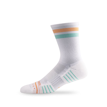Side view of Lightfeet Performance 2 Stripes White Coral Glacier Crew Socks 
