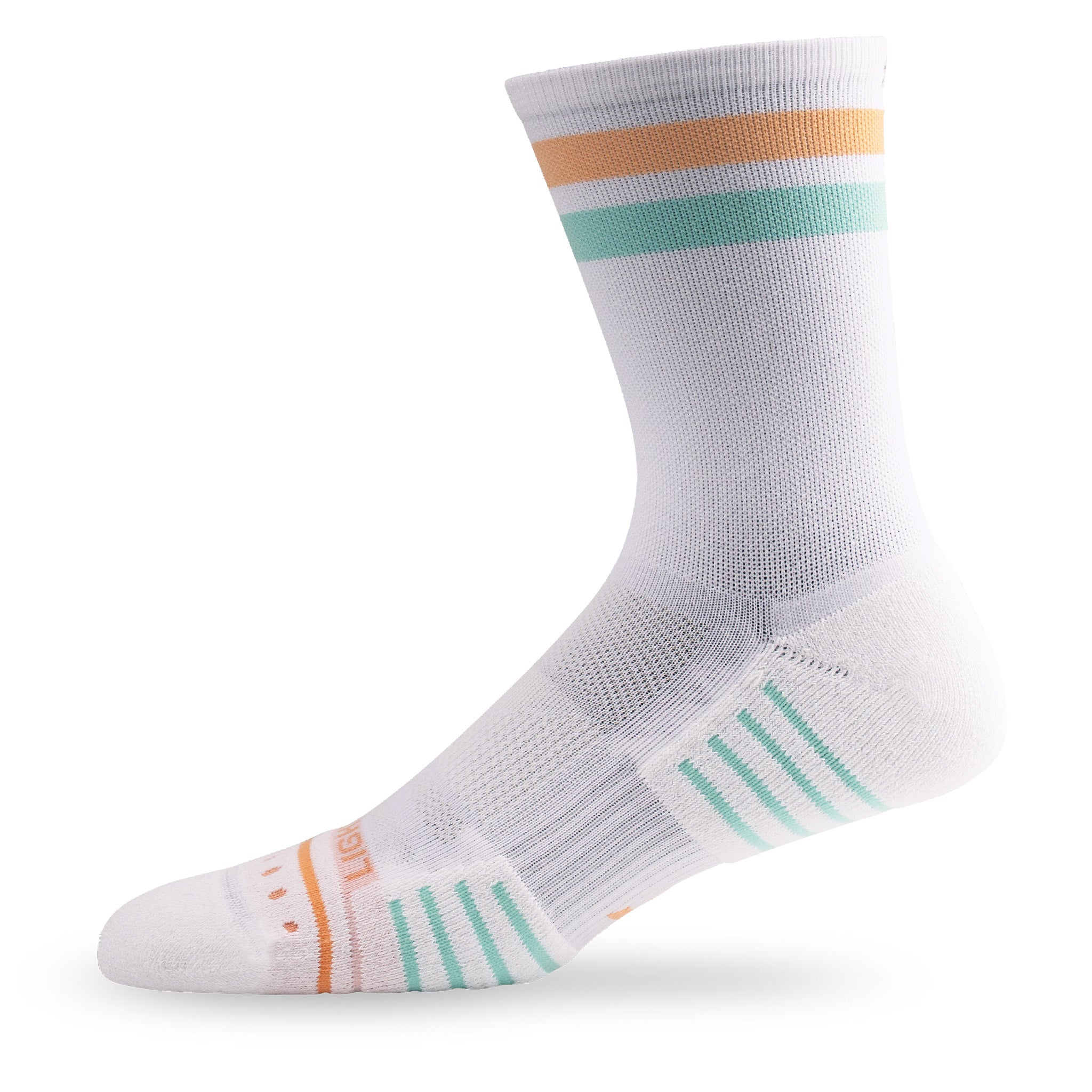 Side view of Lightfeet Performance 2 Stripes White Coral Glacier Crew Socks 