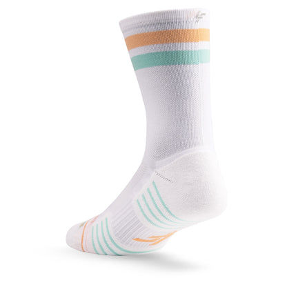 Heel view of Lightfeet Performance 2 Stripes White Coral Glacier Crew Socks 