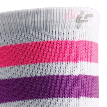 Close up view of reflective print symbol on Lightfeet Performance 2 Stripes White Pink Purple Crew Socks 