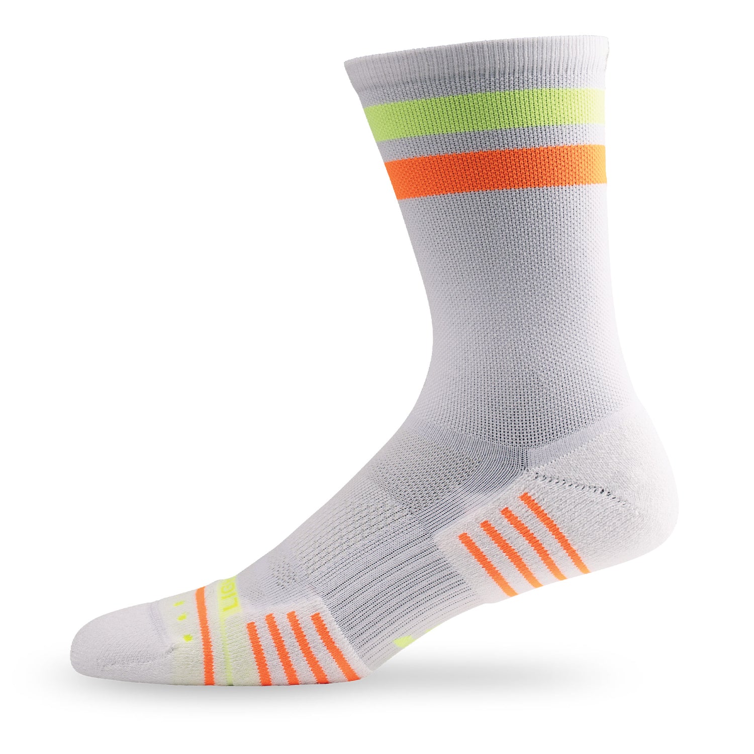 Side view of Lightfeet Performance 2 Stripes White Yellow Orange Crew Socks 