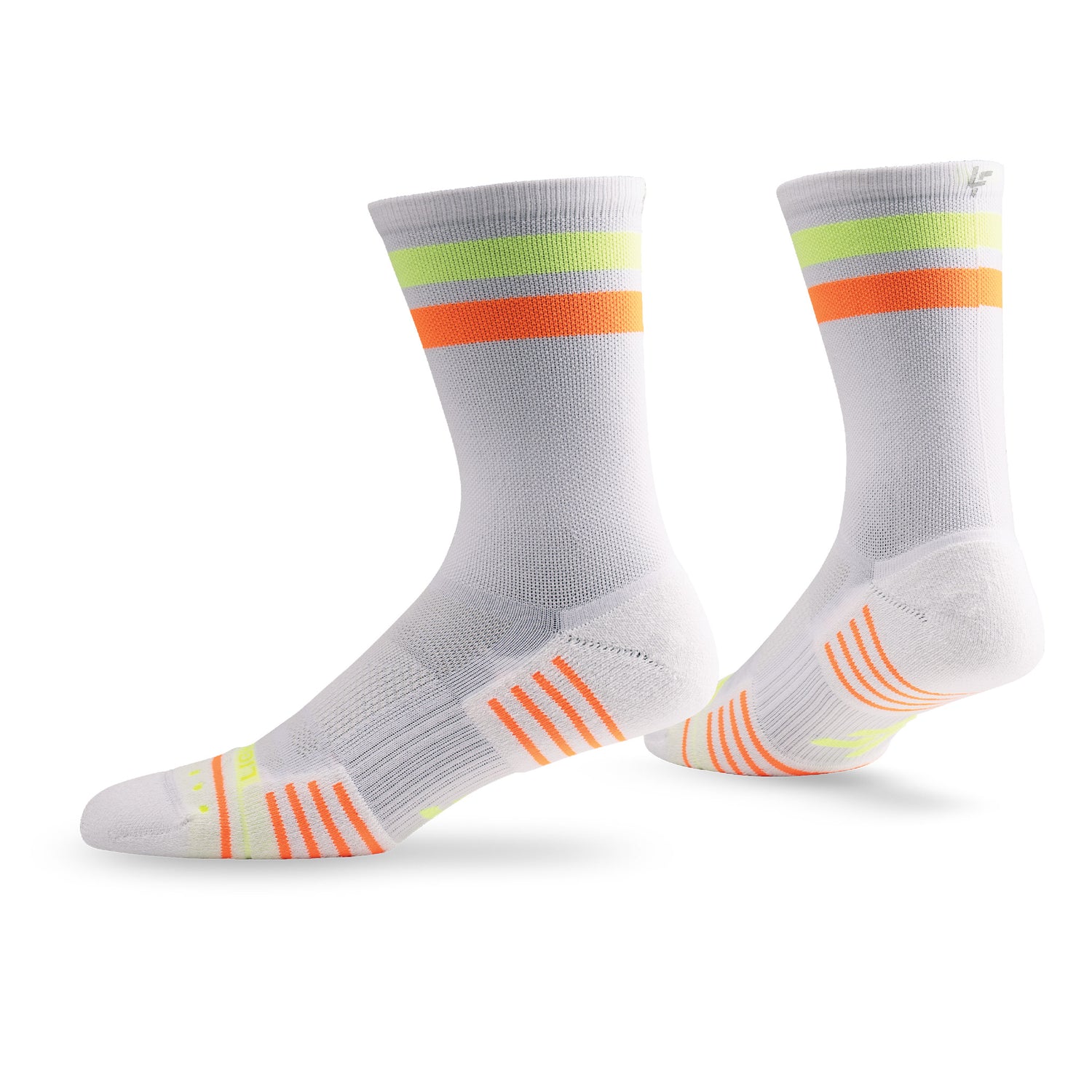 Pair of Lightfeet Performance 2 Stripes White Yellow Orange Crew Socks 