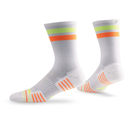 Pair of Lightfeet Performance 2 Stripes White Yellow Orange Crew Socks 