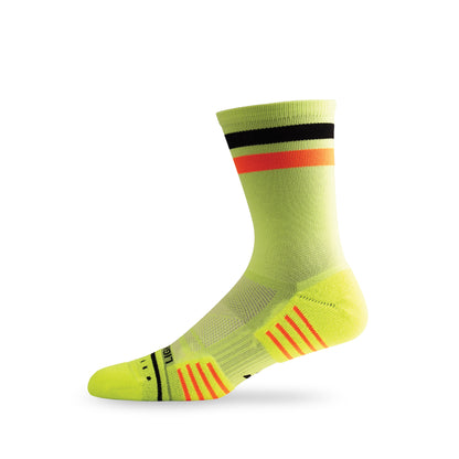 Side view of Lightfeet Performance 2 Stripes Yellow Black Orange Crew Socks 