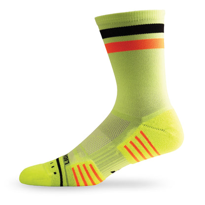Side view of Lightfeet Performance 2 Stripes Yellow Black Orange Crew Socks 
