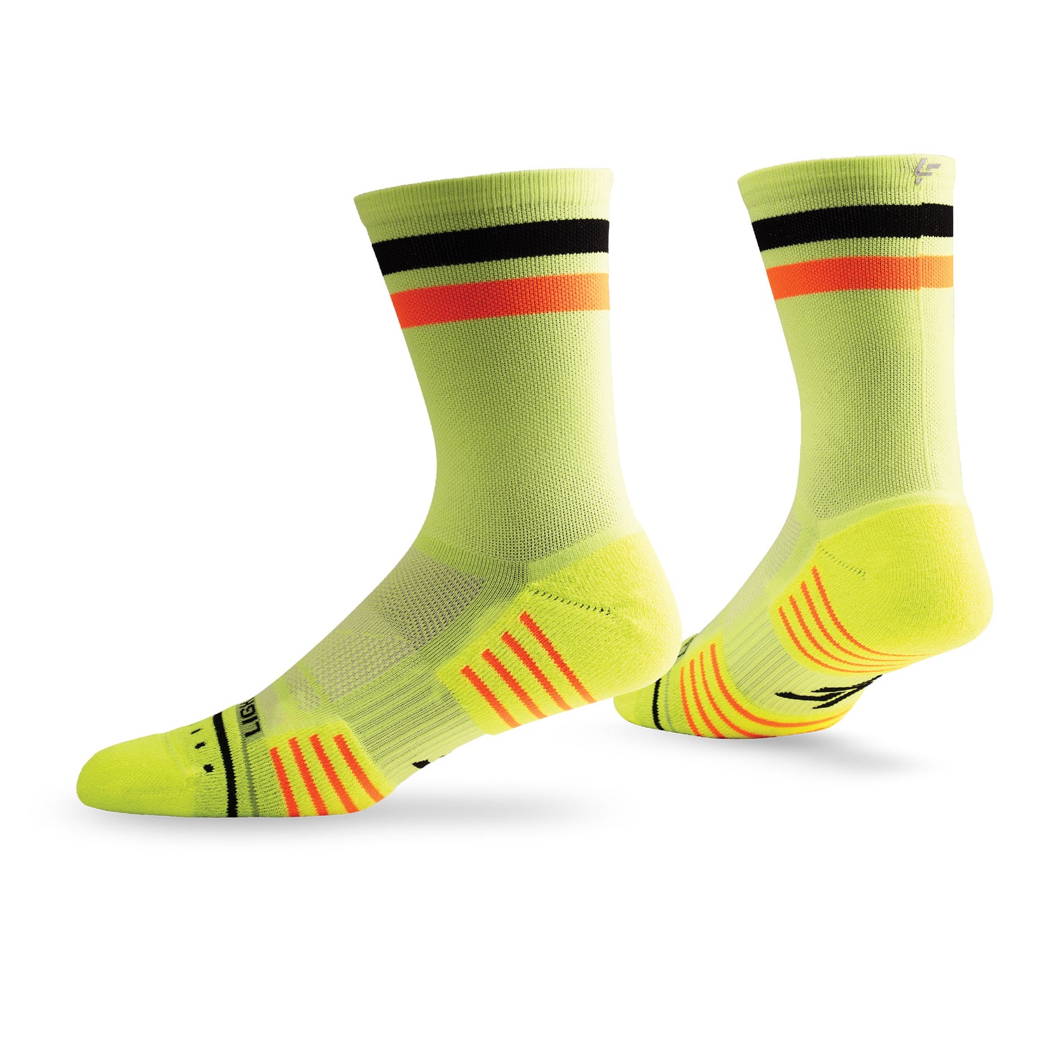 Pair of Lightfeet Performance 2 Stripes Yellow Black Orange Crew Socks 