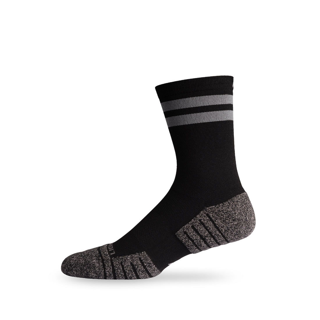 Side view of Lightfeet Performance 2 Stripes Black Half Crew Sock 