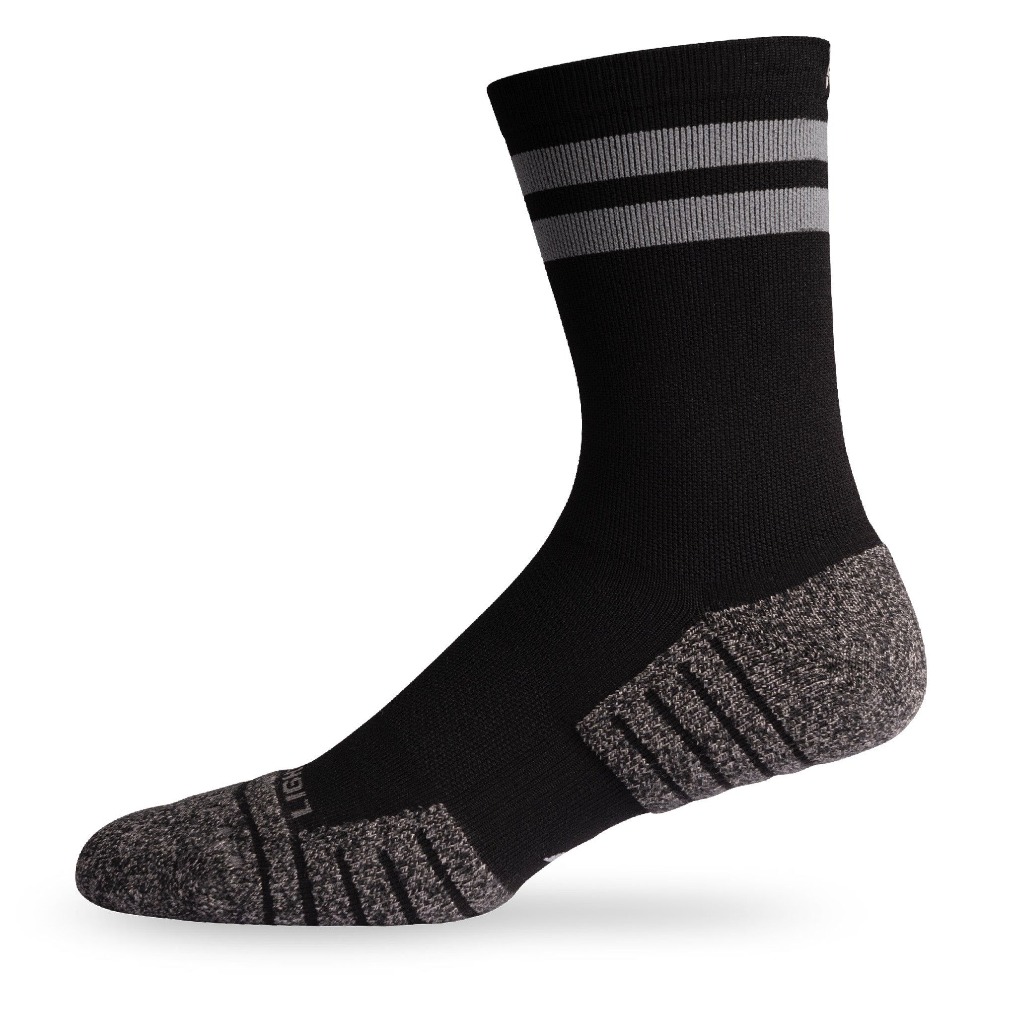 Side view of Lightfeet Performance 2 Stripes Black Half Crew Sock 