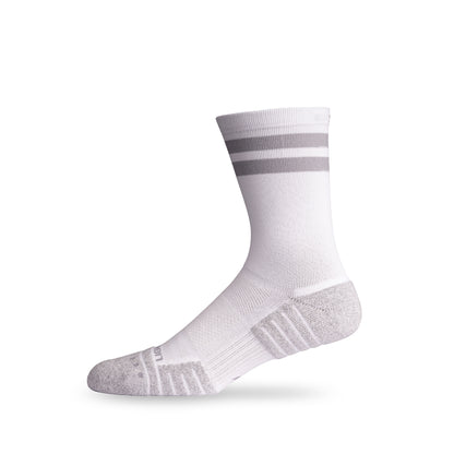 Side view of Lightfeet Performance 2 Stripes White Half Crew Sock 