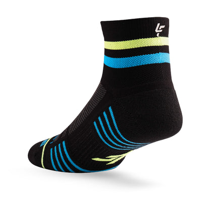 Heel view of Lightfeet Performance 2 Stripes Black Yellow Aqua Quarter Socks 