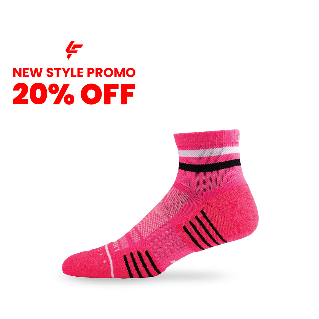 Side view of Lightfeet Performance 2 Stripes Pink White Black Quarter Socks 