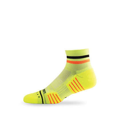 Side view of Lightfeet Performance 2 Stripes Yellow Black Orange Quarter Socks 