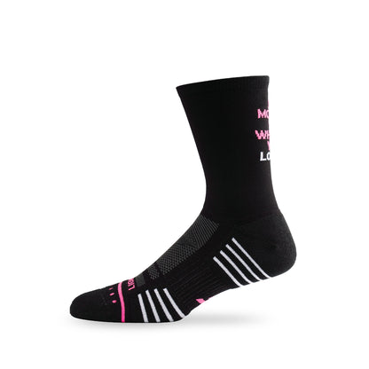 Side view of Lightfeet Performance Do More Of What You Love Black Pink White Crew Socks 