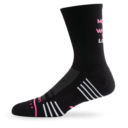 Side view of Lightfeet Performance Do More Of What You Love Black Pink White Crew Socks 