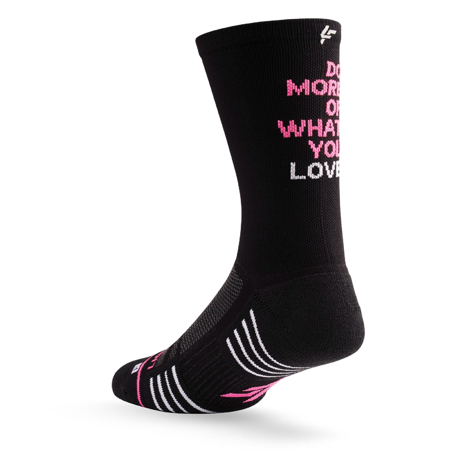 Heel view of Lightfeet Performance Do More Of What You Love Black Pink White Crew Socks 