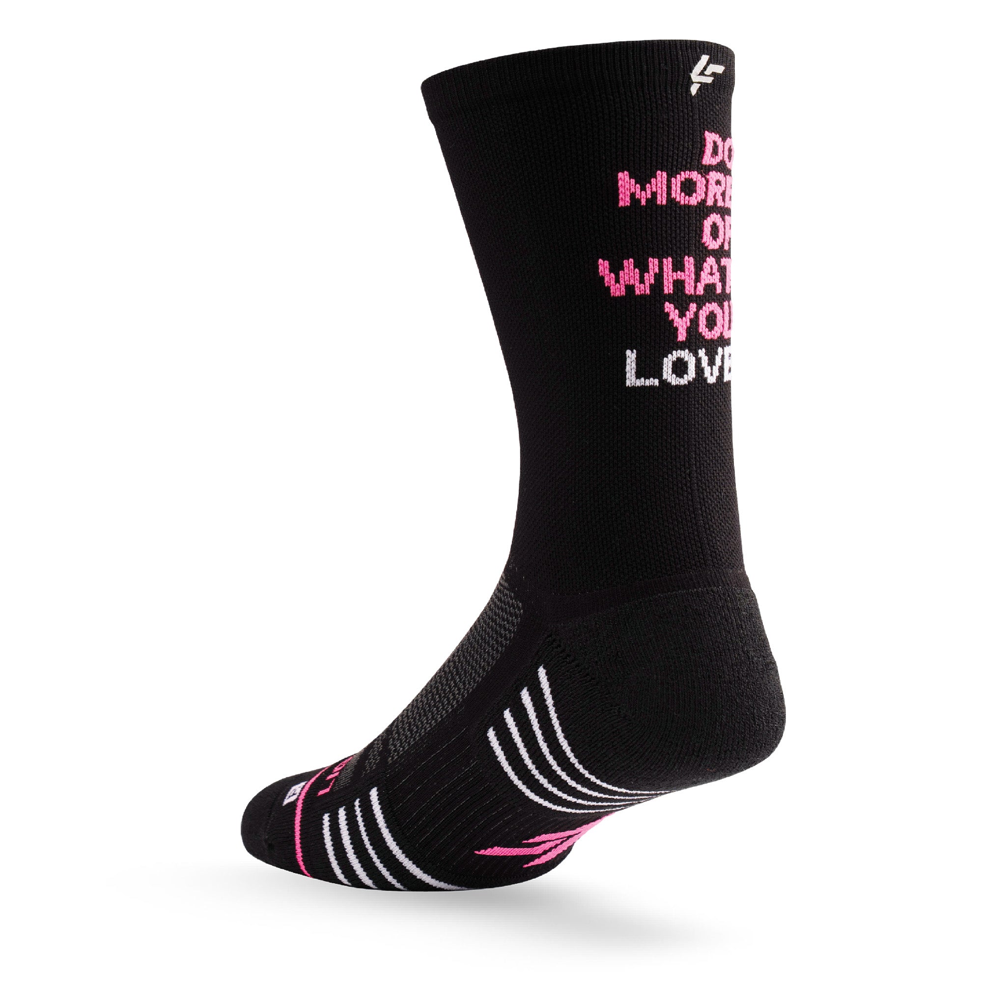 Heel view of Lightfeet Performance Do More Of What You Love Black Pink White Crew Socks 