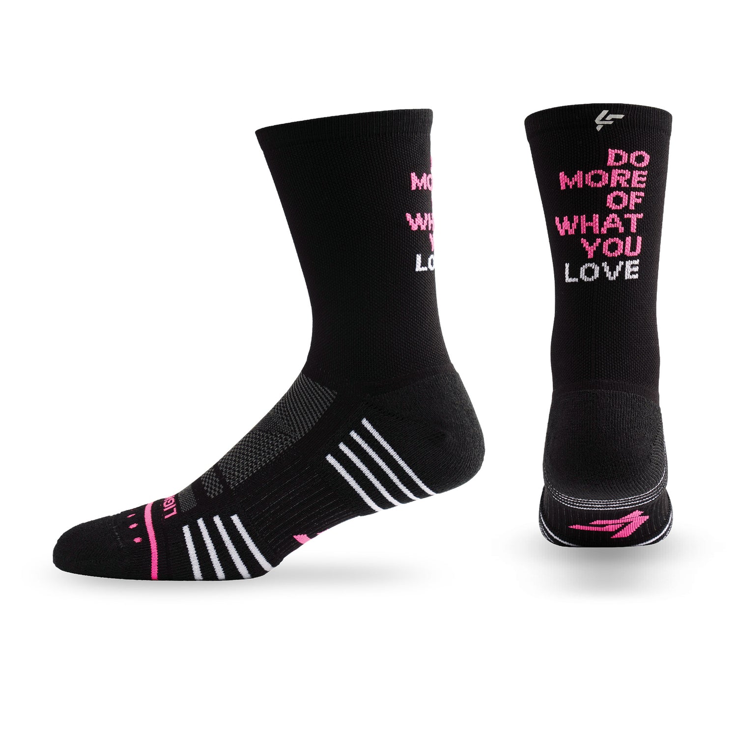 Pair of Lightfeet Performance Do More Of What You Love Black Pink White Crew Socks 