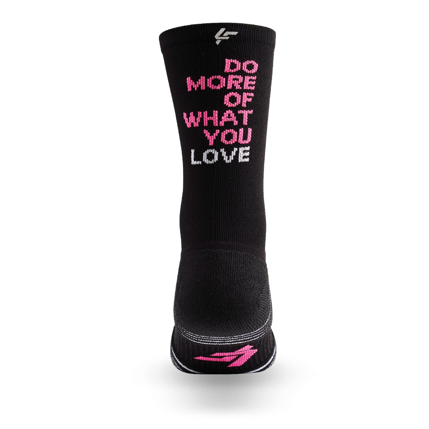 Heel view of Lightfeet Performance Do More Of What You Love Black Pink White Crew Socks 