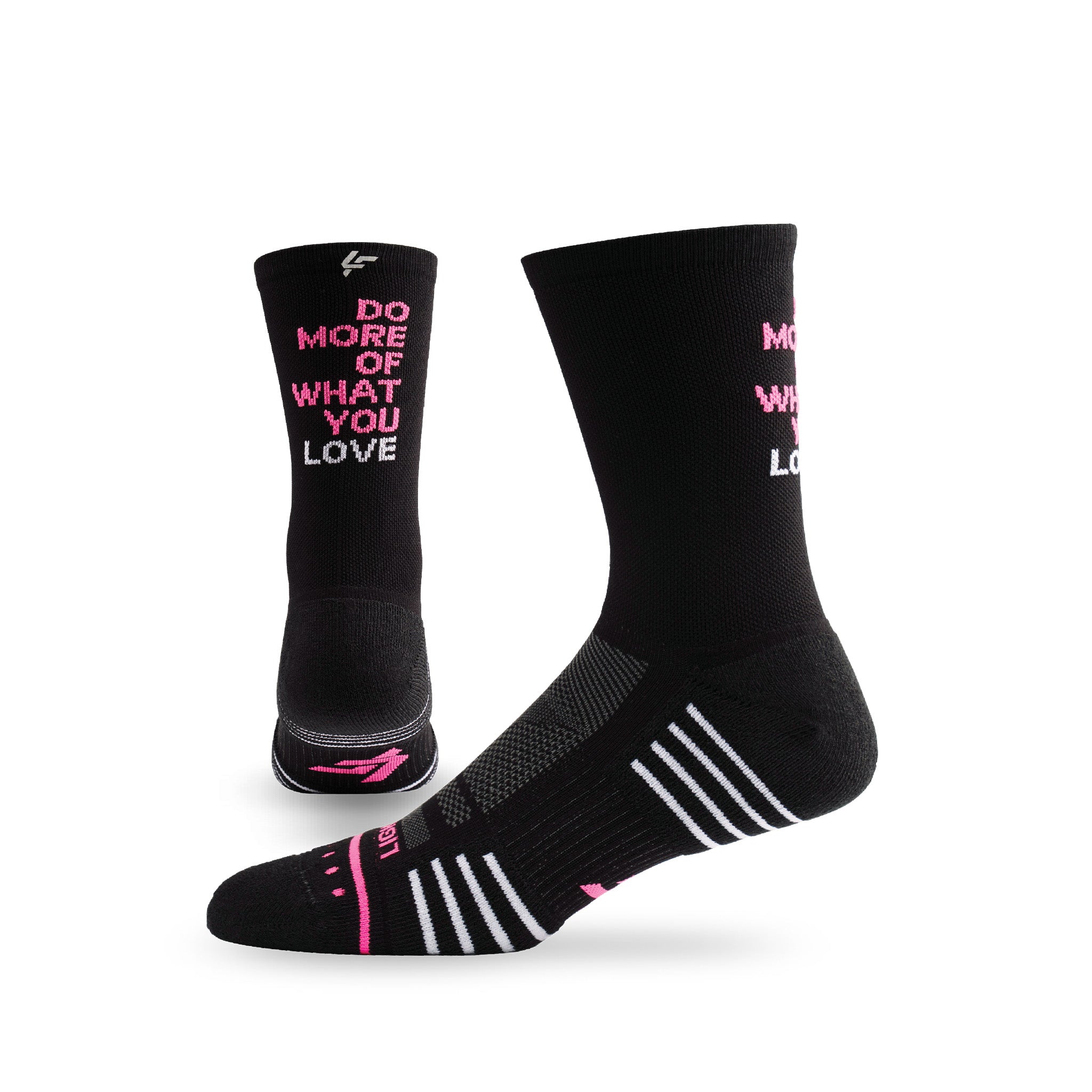 Pair of Lightfeet Performance Do More Of What You Love Black Pink White Crew Socks 