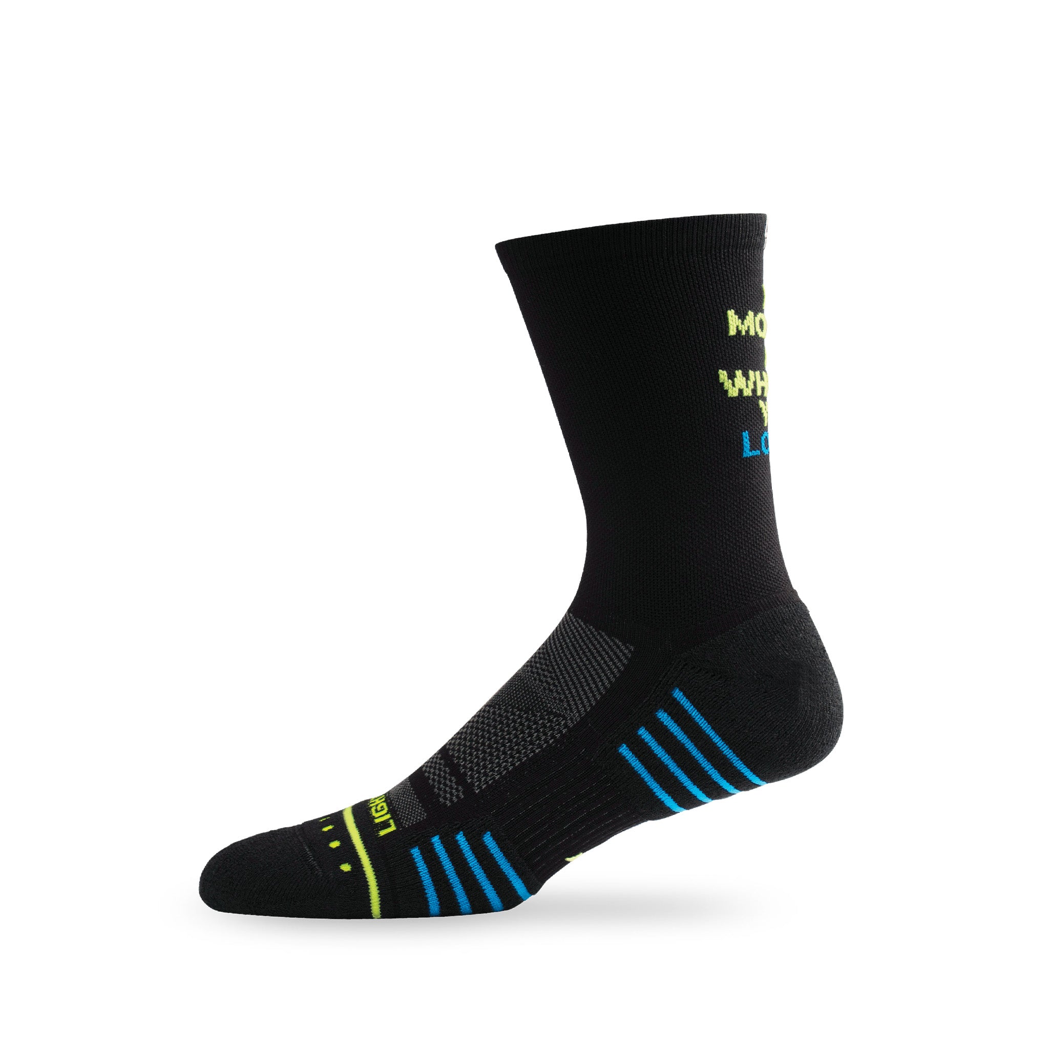 Side view of Lightfeet Performance Do More Of What You Love Black Yellow Aqua Crew Socks 