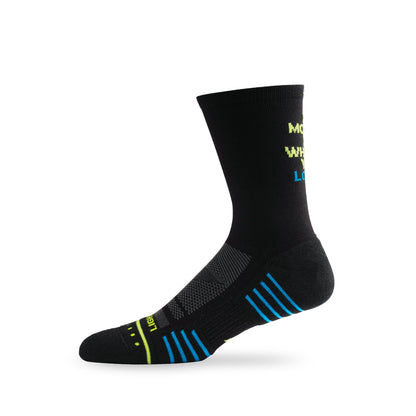 Side view of Lightfeet Performance Do More Of What You Love Black Yellow Aqua Crew Socks 