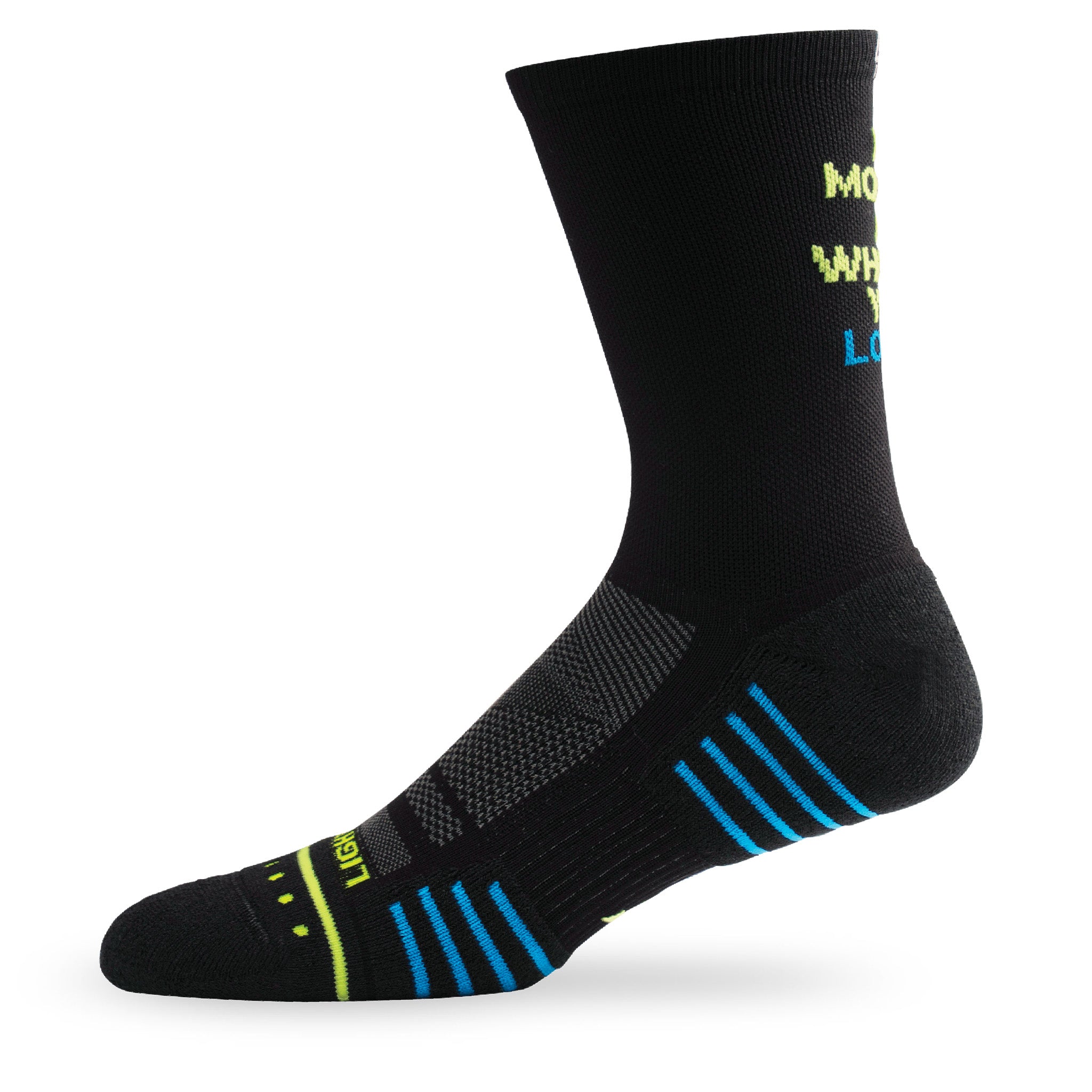 Side view of Lightfeet Performance Do More Of What You Love Black Yellow Aqua Crew Socks 