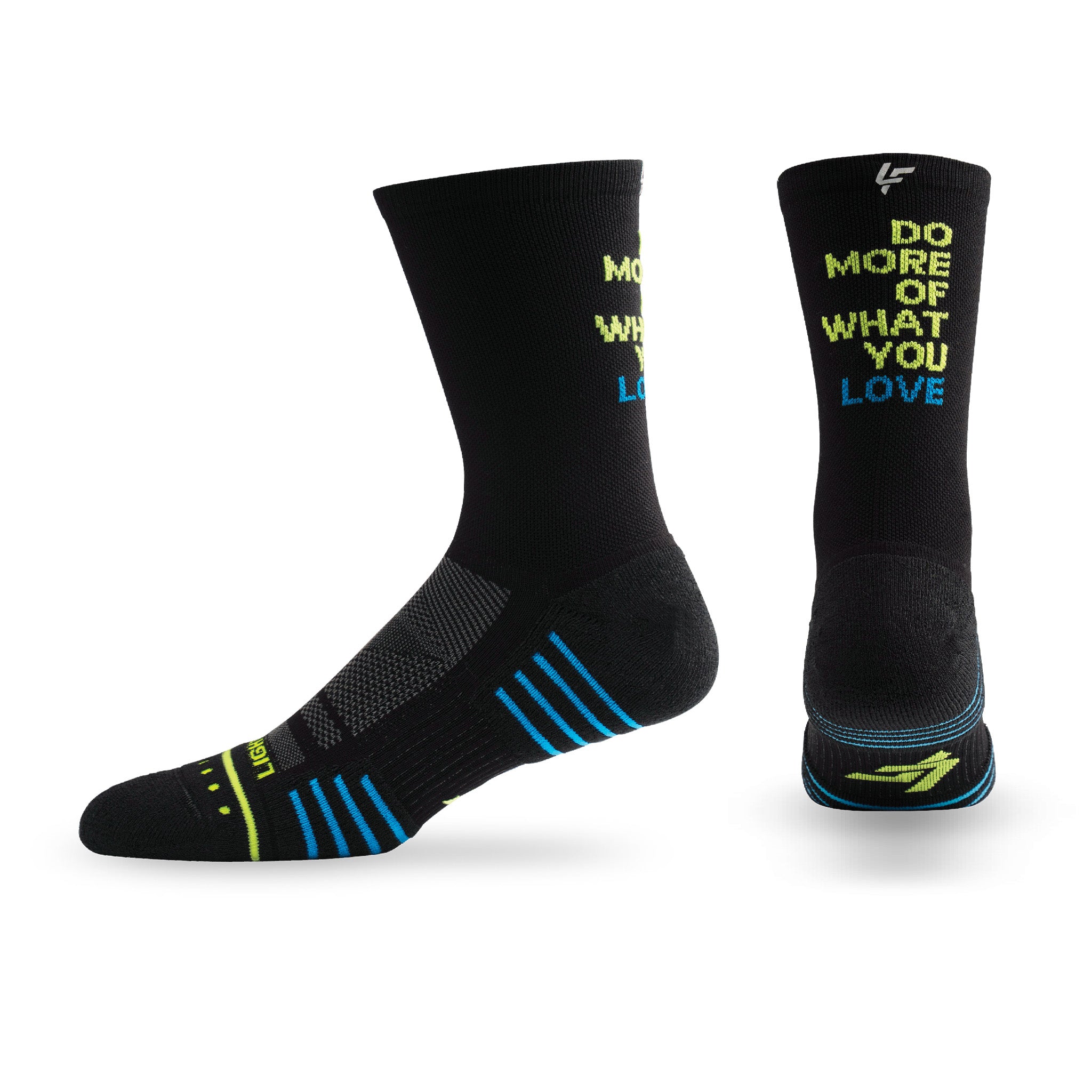 Pair of Lightfeet Performance Do More Of What You Love Black Yellow Aqua Crew Socks 